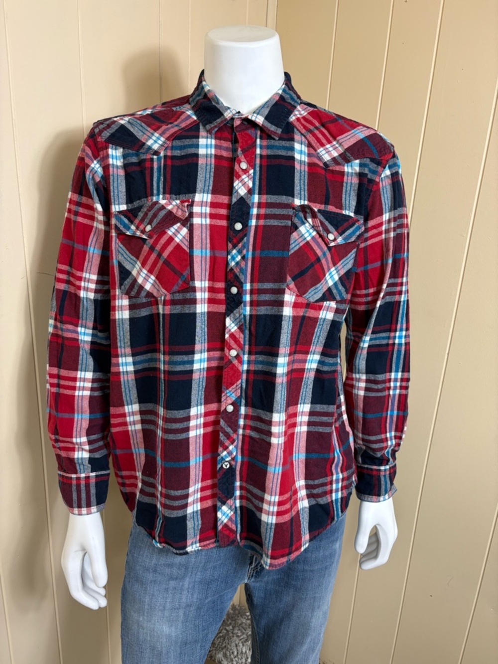 Roebuck & Co Pearl Snap Western Shirt Mens Size XXL Red Plaid Long Sleeve Cowboy